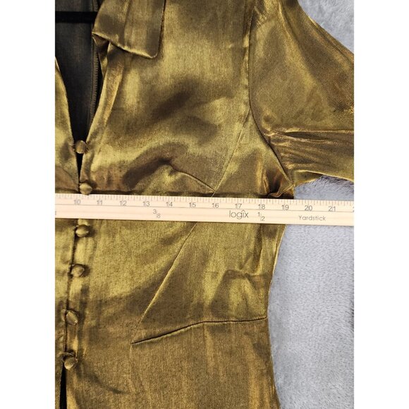 Tess Shirt Womens 10 Gold Metallic Retro Button Up Long Sleeve Blouse Vintage - Picture 4 of 10